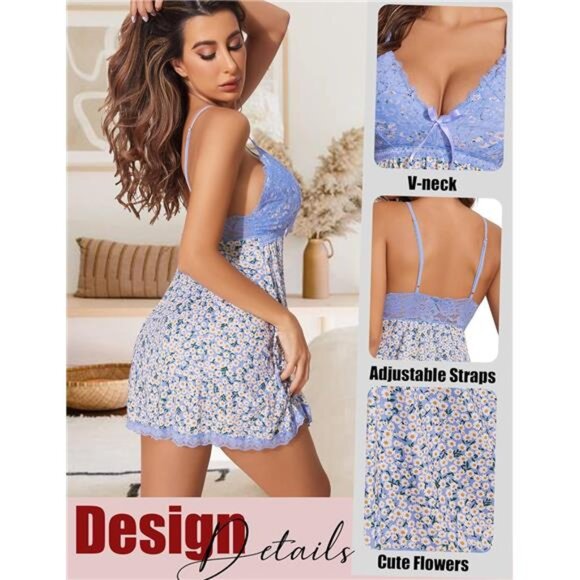Women Sexy Sleepwear Lace Chemise V-neck Floral Blue - Picture 7 of 7